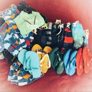 Boys Swim wear: Cover, board shorts, shirt sandals
